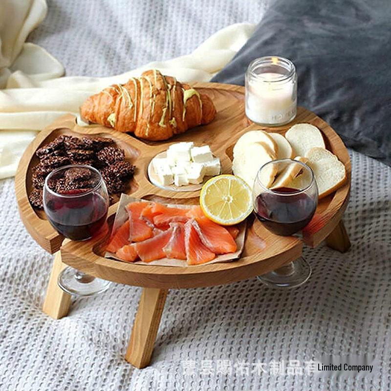 In-Stock Foldable Solid Wood Outdoor Picnic Tray for Wine, Nuts, and Snacks