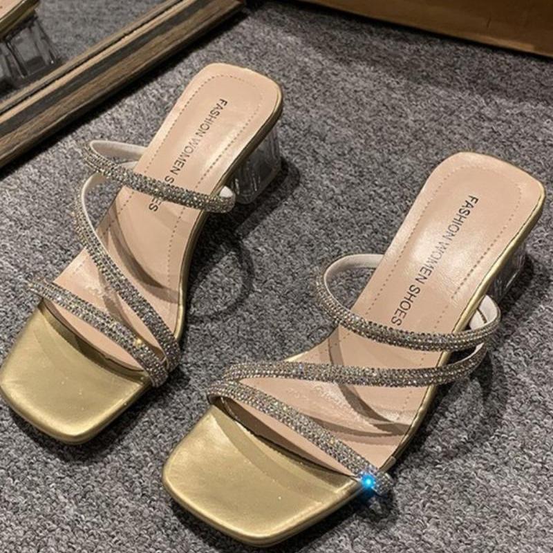 Soft Leather Crystal Thick Heel Sandals Female Internet Celebrity High Heels Two Slippers Rhinestone Fairy Wind Wear Deodorant Summer New