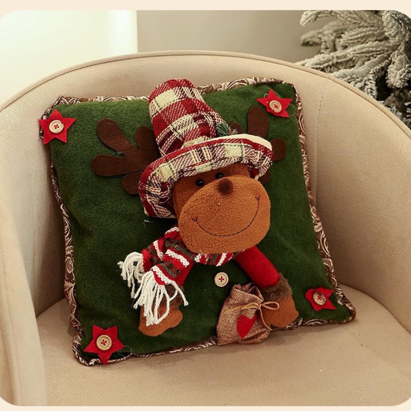 Xmas 3D Plush Figure Throw Pillow Case Santa Snowman Reindeer Cushion Cover Christmas Sofa Pillow Cover Home Party Ornament