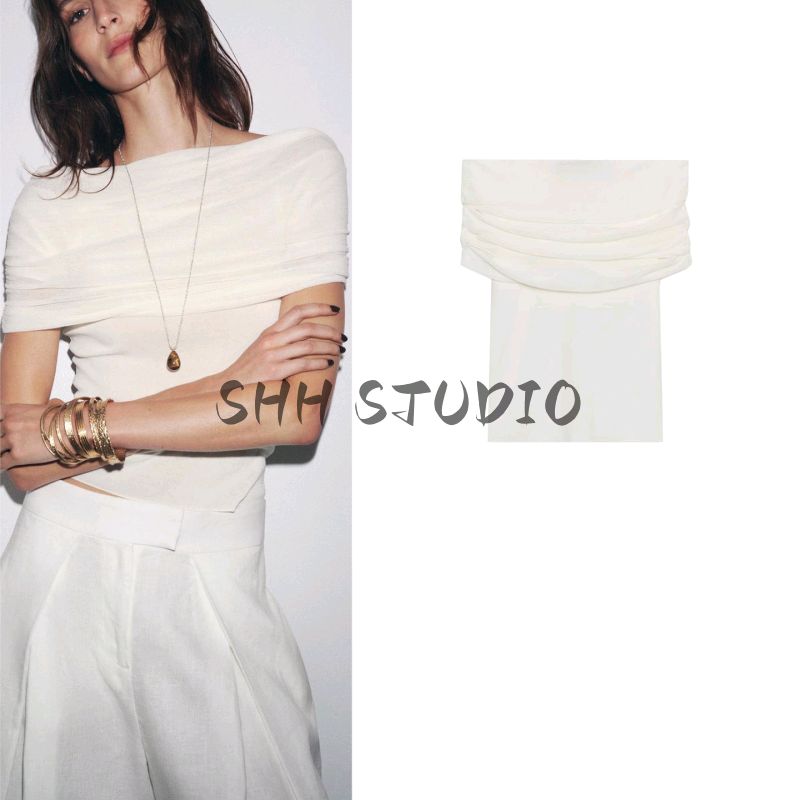 Autumn New Women Clothes French Style Curling Trim Layer Straight Collar Pleat off-the-Shoulder Fashion Knitted Top 2893101