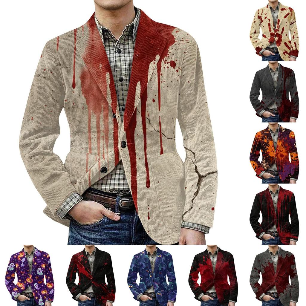 Men's Halloween Print Corduroy Warm Blazer Jacket with Pockets Casual Suit Coat Button Front Long Sleeve Outerwear