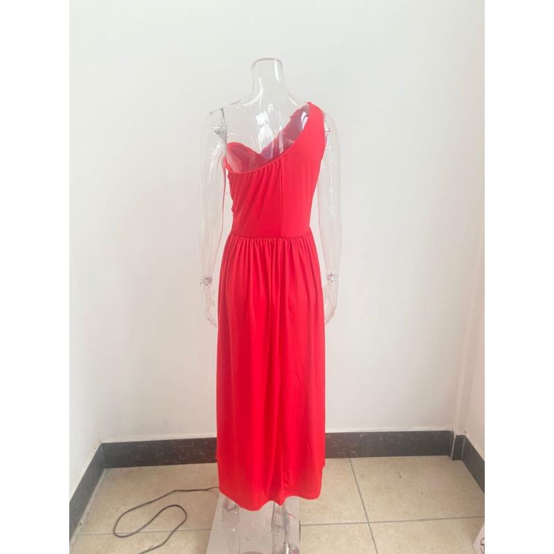 Summer Sleeveless Off-the-shoulder Ruffled Hem Split Dress Women's Holiday Party Party Women's Long Skirt Elegant, Generous and Simple