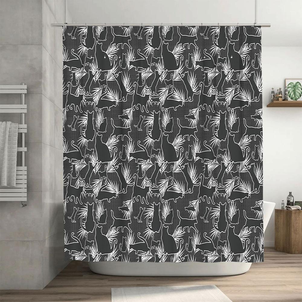 Cat Pattern Shower Curtain Cute Kitten Black White Bathroom Decor Washable Waterproof Fabric Liner for Home