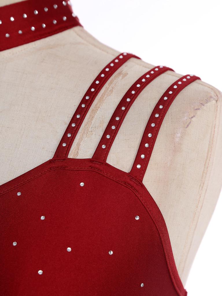 XS-XXL Women's Dance Leotard Floral Lace Rhinestones Irregular Hem Openable Crotch Performance Wear