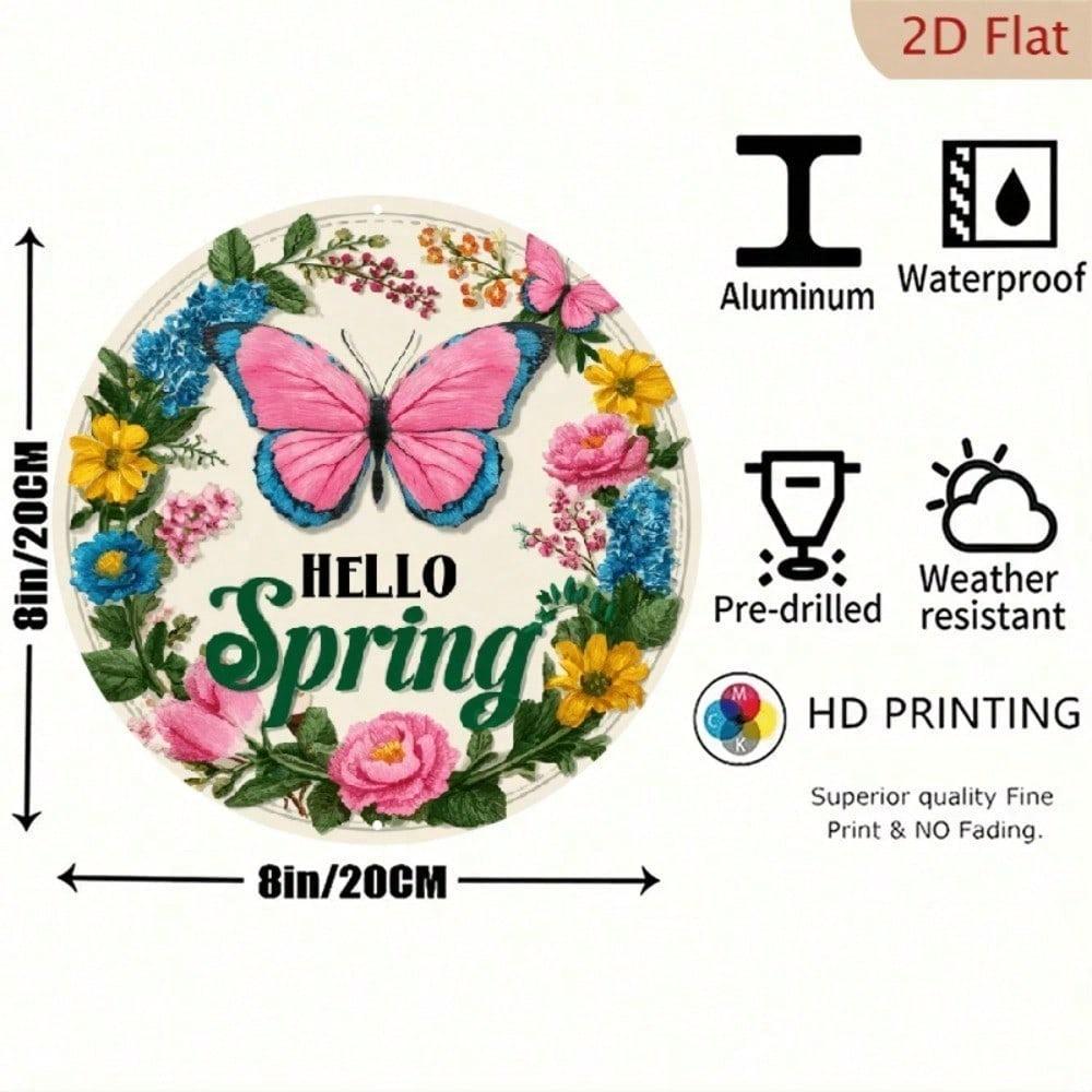 1pc Vintage Rustic Floral Wreath Metal Wall Art, 7.8x7.8 Inch Spring Butterfly & Foliage Aluminum Sign, 2D Flat Round Outdoor Home Decor