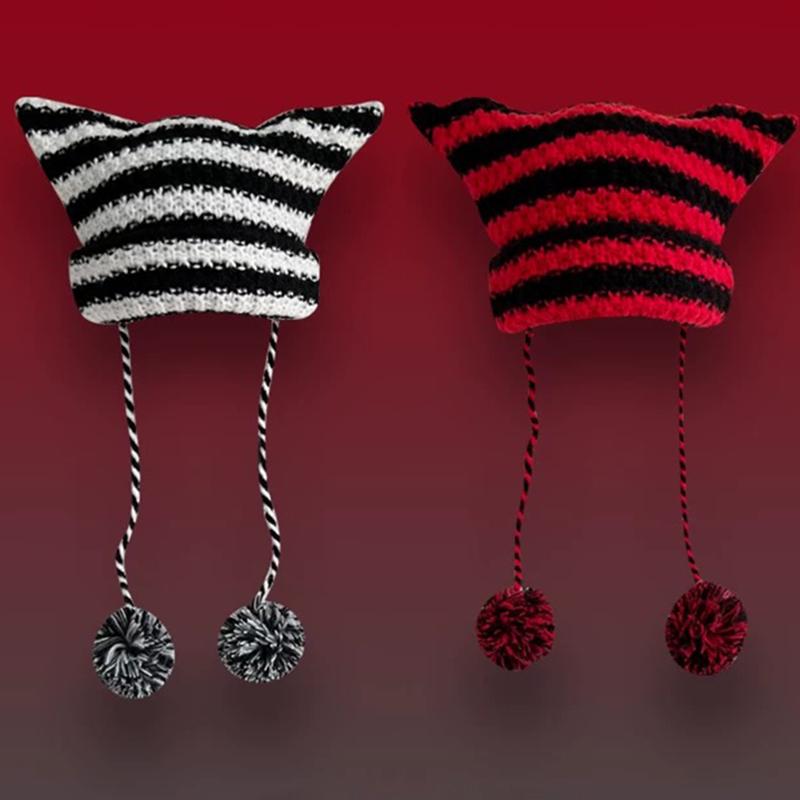Japanese Streetwear Harajuku Beanie Hat Little Devil Striped Knitted Hat ForWomen Girls Autumn Winter Cute Cat Ears Cap