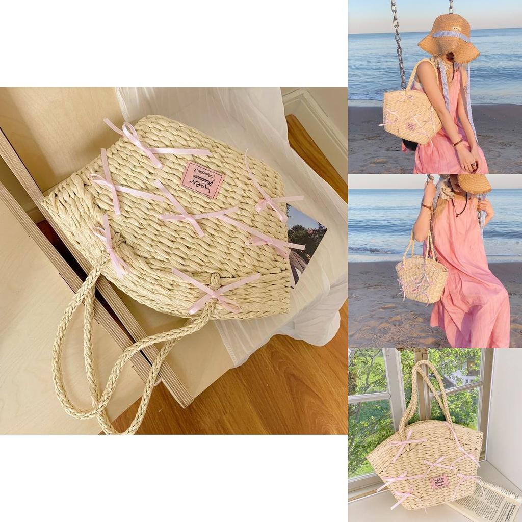 Einfache Rosa Schleife Dekoration Damen Lässige Grasgewebte Handtasche Für Den Täglichen Gebrauch Und Strandausflüge