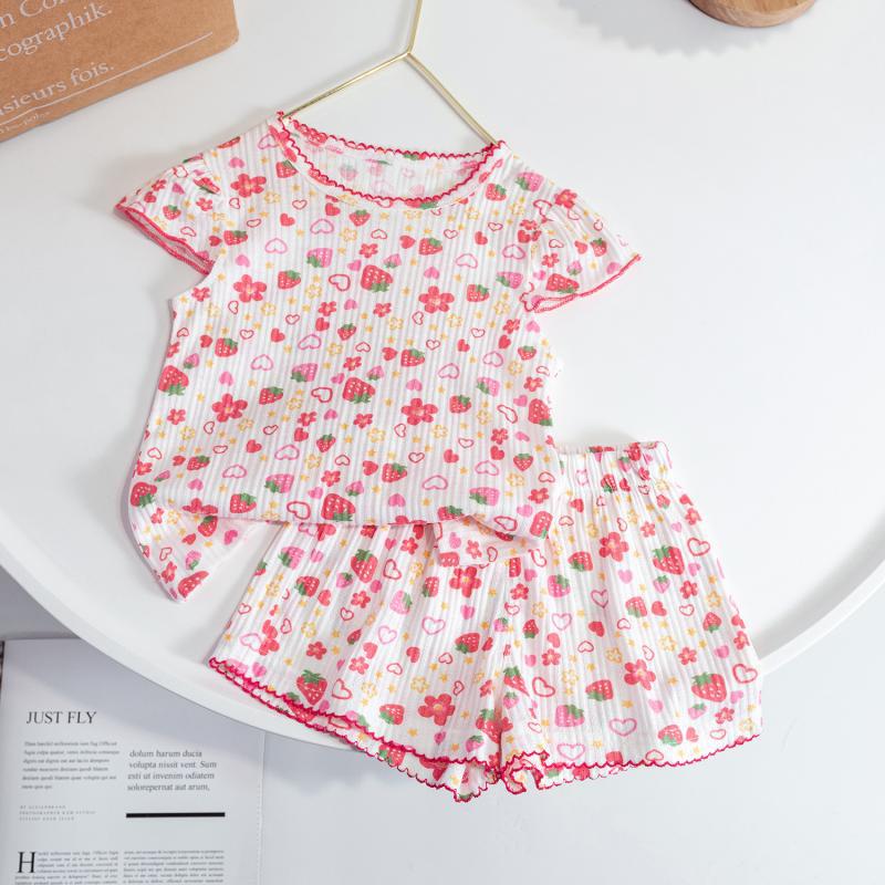 Girls Summer Floral Cap Sleeve Round Neck Short Sleeve Shorts Pajama Set Baby Air Conditioned Room Sleepwear Homewear
