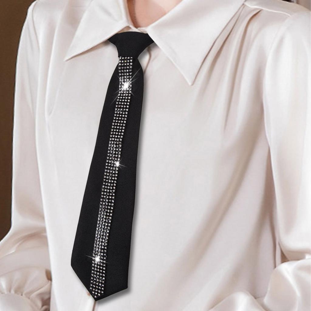 Elegant Women's Adjustable Pre Tied Black Necktie with Rhinestones Embellishments for Formal Event and Casual Wear