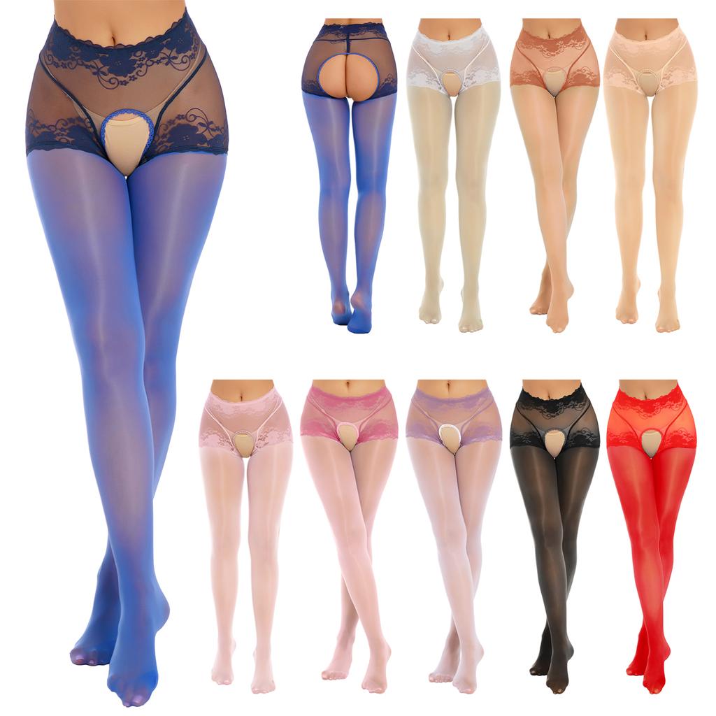 Womens Open Crotch Pantyhose See-Through Floral Lace Patchwork Stockings Leggings