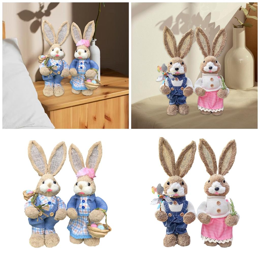 2pcs Easter Straw Bunny Figurines Farmhouse Decorations Handcrafted Straw Rabbits Sculptures For Festival Table Display