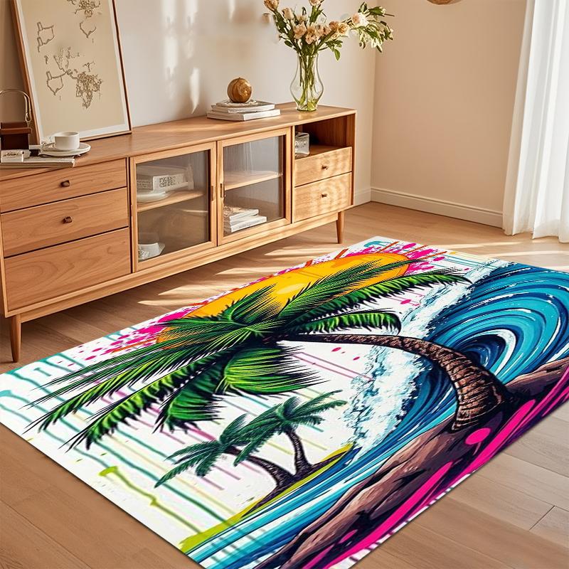 Weicher rutschfester kräftiger tropischer Strand-Teppich mit lebendigem Palmen- und Wellen-Design für Kinderzimmer Schlafzimmer Wohnzimmer Dekoration