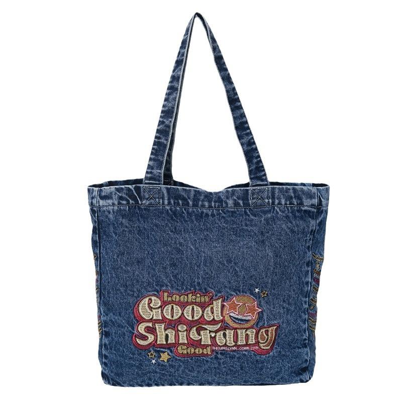 Большая вместительная холщовая сумка женская стираная джинсовая сумка-тоут студенческий — фото 8