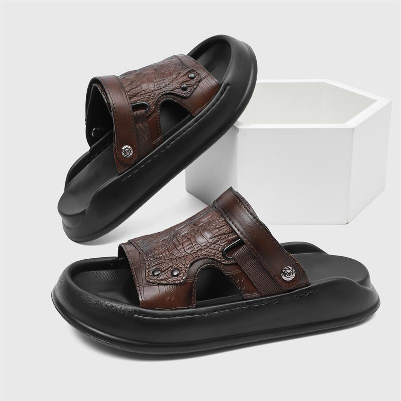 Fashion Stylish Mens Casual Leather Slippers Slip on Flats S  Fashion Beach Sandals Open-toe Outdoor Half Drag Leisure Walk Male Slides