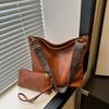 Women's Vintage PU Leather Bucket Bag Solid Color Crossbody Sling Purse with Wide Adjustable Strap