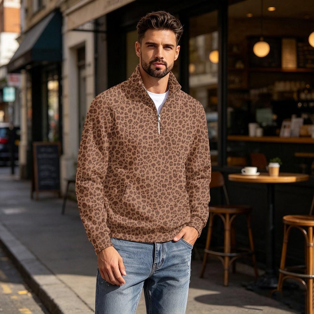 Herren Pullover mit Reißverschluss, Leopardenmuster, Stehkragen, Lässig, Knitterfrei, Sportliches Oberteil für Herbst Winter