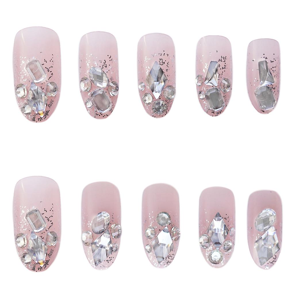 24Pcs Pink Silver Glitter Diamond Fake Nails Long Ballerina Press On Nails Reusable False Nail Tips Set