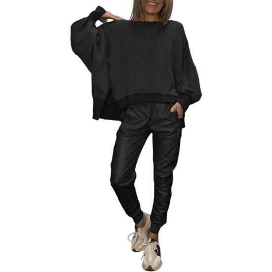 2 Pcs/Set Spring Sweatshirt Pants Suit Slit Hem Long Sleeves O Neck Top