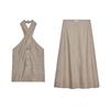 Linen Blended Hanging Collar Vest-Style Tops 2731097 Plaid A- line Midi Skirt Long Skirt 2731076