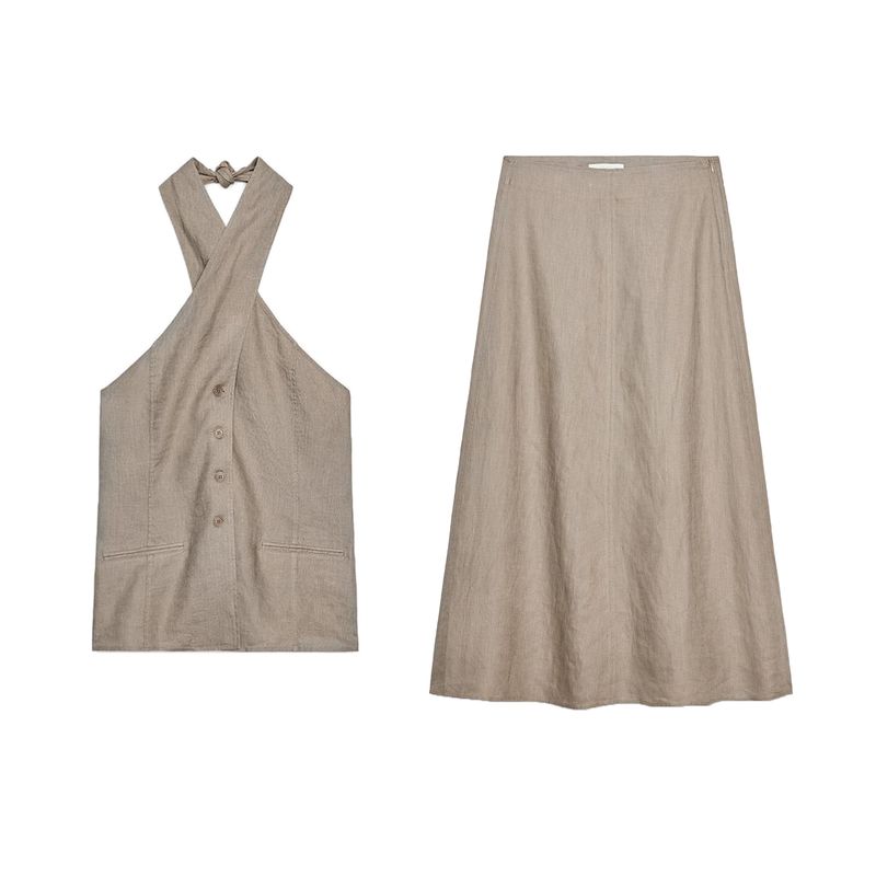 Linen Blended Hanging Collar Vest-Style Tops 2731097 Plaid A- Line Midi Skirt Long Skirt 2731076