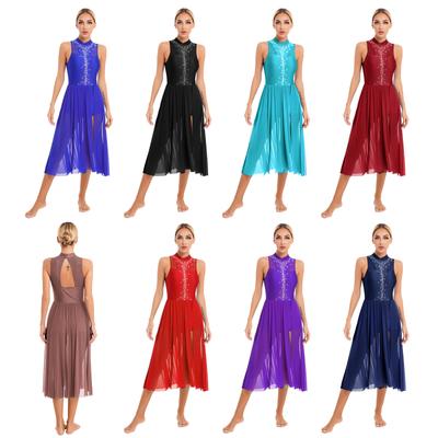 Robe Sans Manches Scintillante Strassée pour Femmes Col Montant Trou Clé au Dos Fente Latérale Costume de Danse de Performance