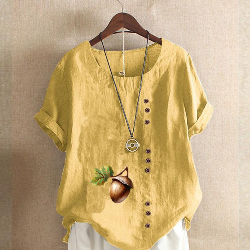 Women's Fashion Stone Hazelnut Prined Round Neck Short Sleeve T-shirt Casual Cotton Linen Graphic Shirt Leisure Loose Summer Blouse Tops