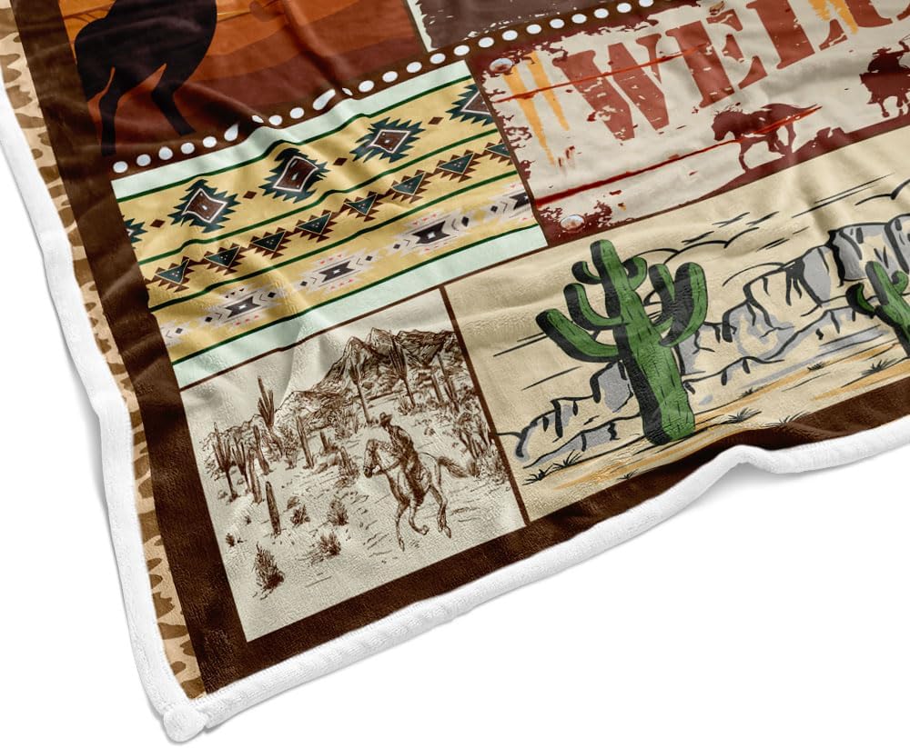 Coperta da divano Western Retrò Rustica con Cappello da Cowboy e Stivali, West Americano Cavalcando Cavalli Morbida Coperta in Flanella Per Bambini Ragazzi Bambine Adulti