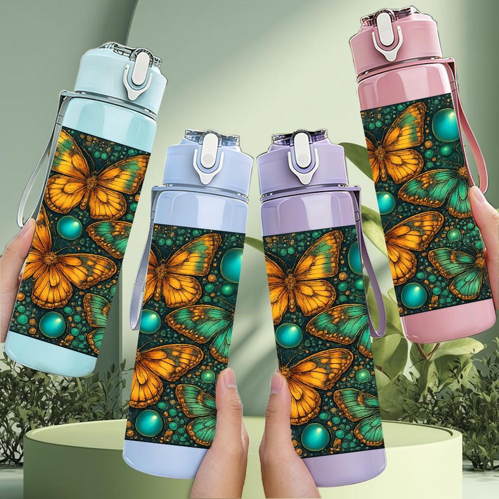 1PC Teal Gemstone Pattern Art 750ml Color Plastic Sports Water Bottle Leakproof Flip Straw Lid Suitable for Sports Office Home Use