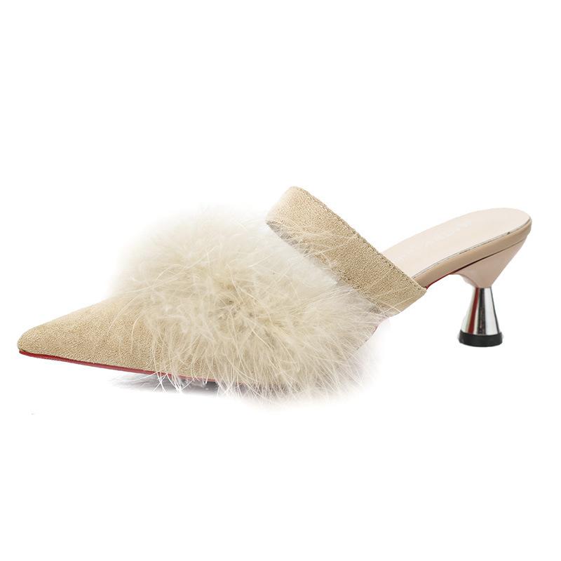 

Утренние тапочки на тонком каблуке с высоким каблуком, маленькие размеры, пушистые, прохладные, женские, полудлинные, летние, универсальные, с острым носком, для невесты, осень 40