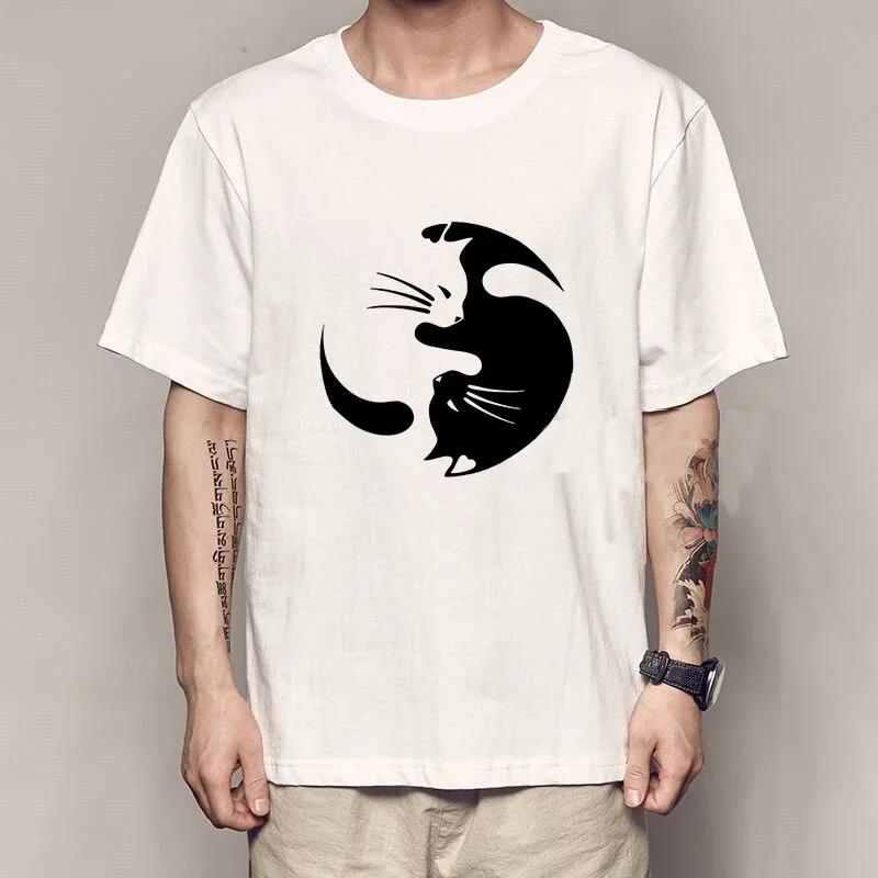 Yin Yang Cats Tshirt Men Vintage T-shirts Japanese Anime Manga Harajuku Fashion O-Neck Streetwear Casual Tops Summer Mens Tshirt