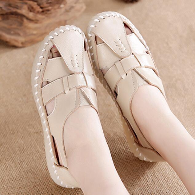 Damenschuhe aus echtem Leder für den Sommer, bequem, weiche Sohlen, rutschfeste, flache Böden, Sandalen für mittlere und ältere Menschen für Frauen und Mütter