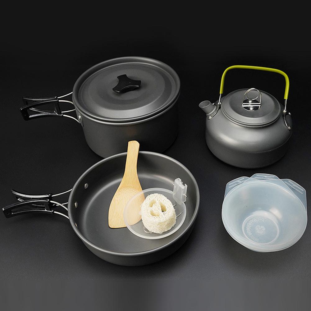 Outdoor Camping Cookware Set Portable Pot Frying Pan Teapot Set With Tableware For Hiking Picnic Bbq black #1