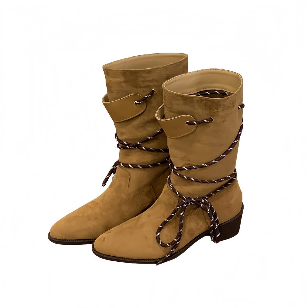 Retro thick heel brown suede medium tube stacking boots women's 2025 new thin boots spring and autumn single boots western short boots