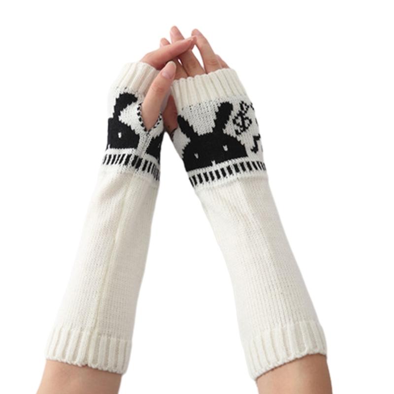 Womens Winter Warm Elbow Long Fingerless Thumb Hole Gloves Mittens Knitted Arm Warmer Cute Rabbit Fingerless Glove