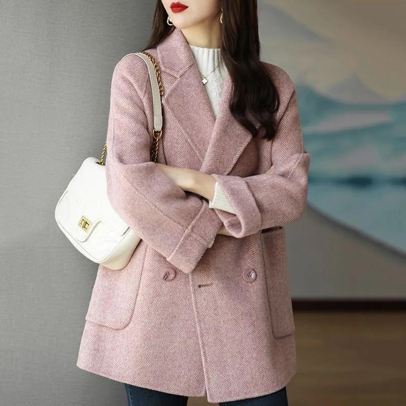 Autumn and winter new woolen medium and long coat women's trendy fashion herringbone pattern loose and thin foreign small women's clothing