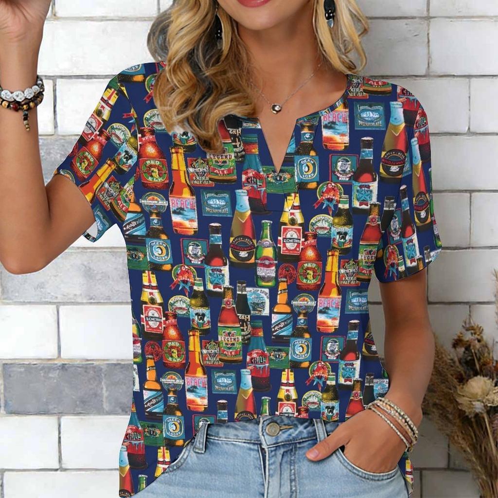 Women Blue Ocean Coconut Palm Beach Print Short Sleeve V Neck Blouse