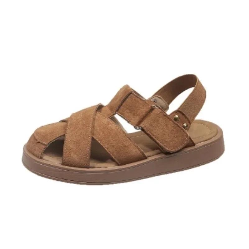 

Fashion Women s Summer Soft Leather Sandals Breathable Hollow out Slip-On Shoes Rubber Bottom Microfiber Upgraded Korean Style Sandals 35 верблюд