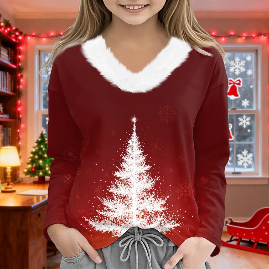 Christmas Day Girls Long Sleeve T Shirts Kids Girls' V-Neck Tee Christmas Print Long Sleeve Top