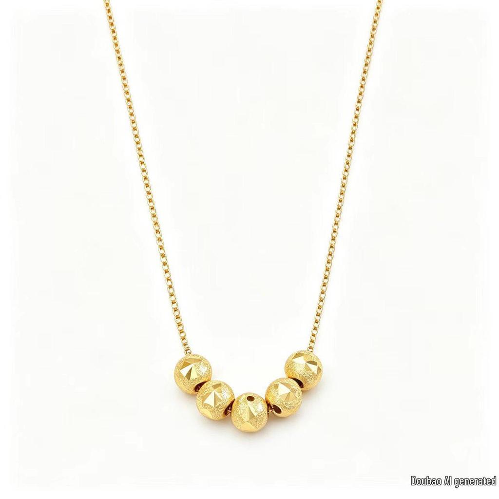 Women's Korean Style Lucky Bead Titanium Steel Necklace - Elegant Gold Bean Beads with Carved Surface Clavicle Chain Jewelry.