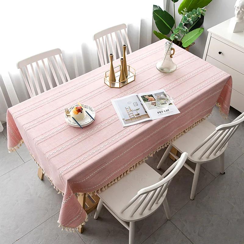 Cotton Linen Tablecloth Rectangle Dining Table Cover Wrinkle Free Farmhouse Fabric Cloth with Tassels Restaurant Party Decor