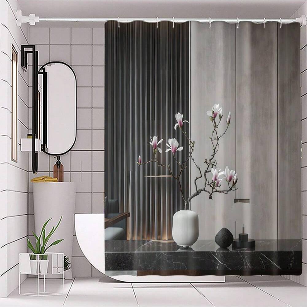 Modern Patroon Bedrukt Badkamerset, Inclusief Douchegordijn, Toiletdekselhoes & U-vormige Mat, Badkameraccessoires