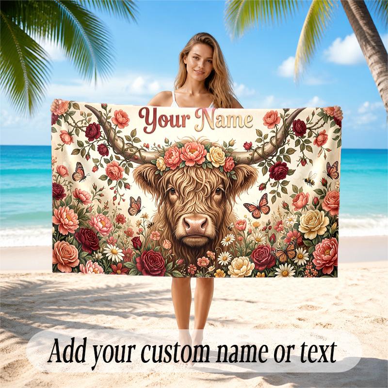 Highland Cow Theme Quick Dry Beach Towel Custom Name Text Print Large Sand Resistant Towel Beach Vacation