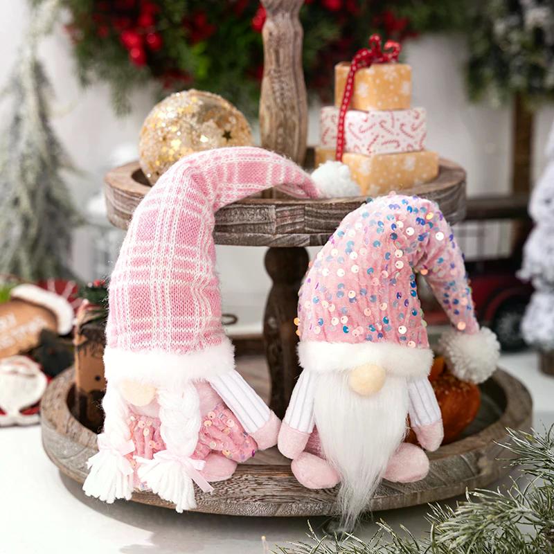 Elf Dwarf Gnomes Doll Pink Sequin Hat Design Christmas Gnome Plush Decorations For Home Christmas Table Decorations