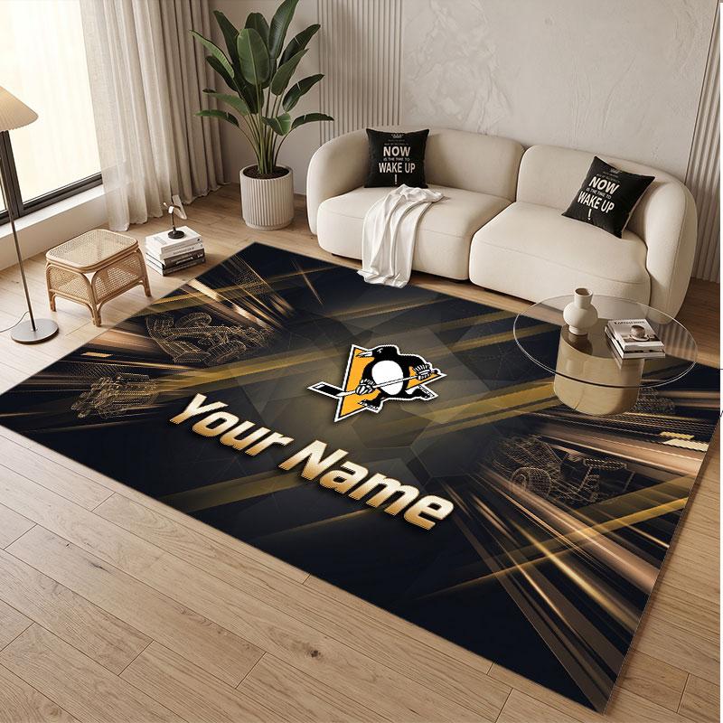 Custom Rug Pittsburgh Penguins Pattern Print Name Text Soft Non‑Slip Floor Carpet for Home Indoor Decoration