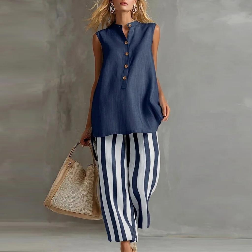 Sleeveless Button Front Blouse and Wide Leg Striped Pants Two Piece Set for Women Casual Loose Fit Summer Outfit