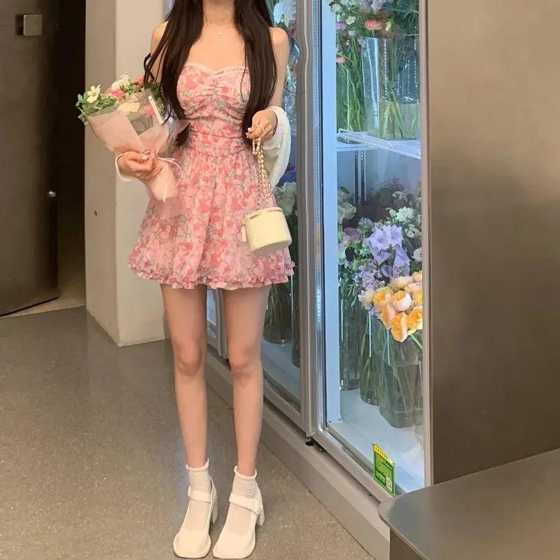 Beautiful temperament suspender dress female summer high-end fairy dress chiffon high waist thin retro floral skirt