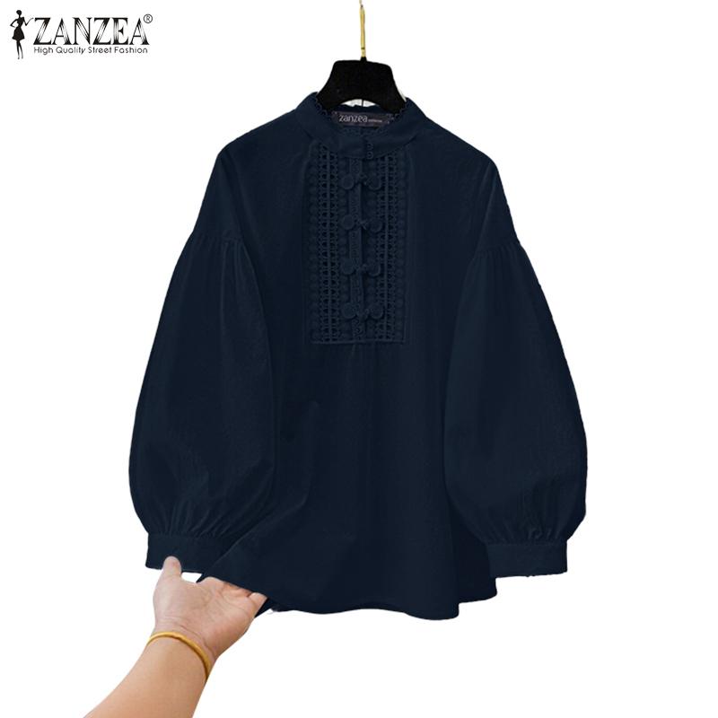 

ZANZEA Женская повседневная блузка с кружевной отделкой, круглым вырезом и длинными рукавами XL тёмно-синий