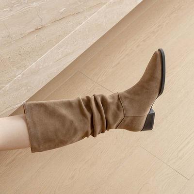 Cow Suede Autumn Winter Shoes Round Toe Size 40 Med Heels Slip On Western Boots Women Thigh High Boots