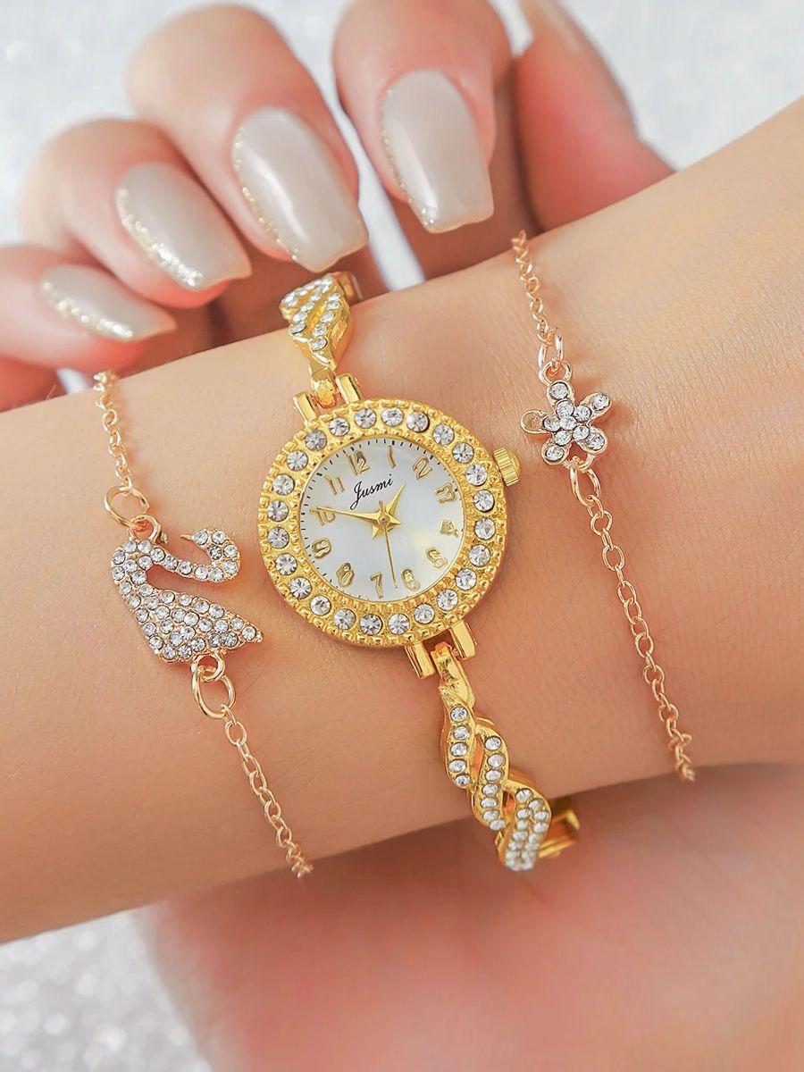 

Женские новые кварцевые часы с круглым циферблатом с бриллиантами, модный браслет в виде бриллиантового цветка и лебедя, благородные и атмосферные праздничные золотой