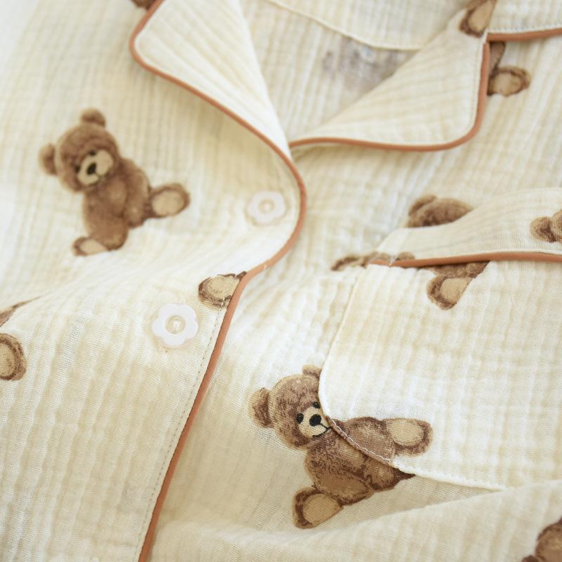 Women's Long-sleeved Trousers 100% Cotton Pajamas Double-layer Gauze Loungewear Crepe Breathable Cartoon Bear Print Pyjamas